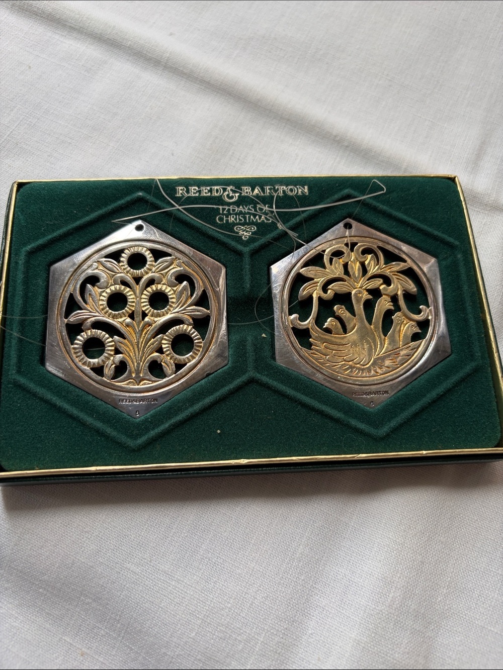 Reed & Barton Gold and Silver Filigree Holiday Ornament Duo